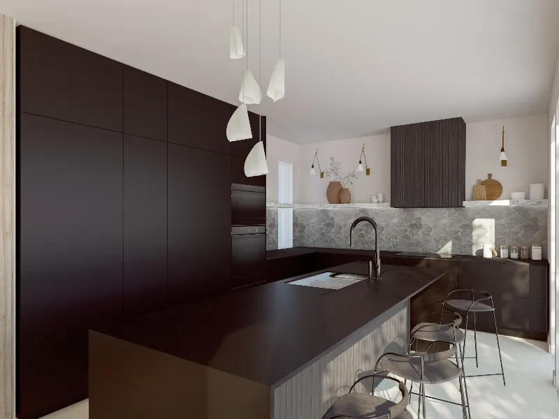 Contemporary chalet kitchen with warm oak millwork, a stone island and black pendant lighting — Mont-Tremblant.