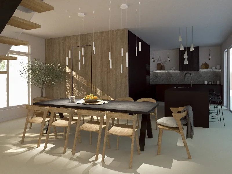Open-plan dining room in a Mont-Tremblant chalet: oak table, black-stained millwork and a sculptural pendant.