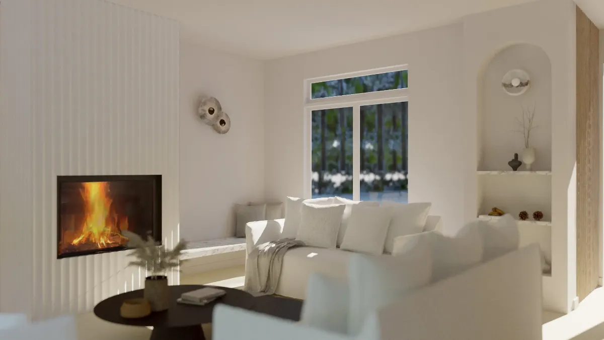 Wide view of a Laurentian chalet living room — mixed wood tones, natural textiles and a view toward the mountain.