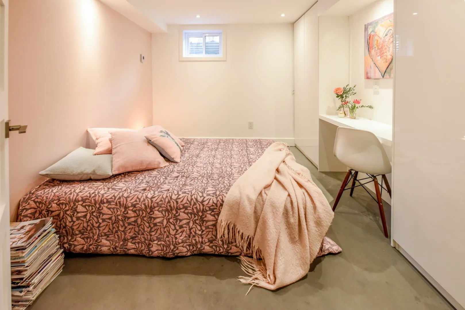 Wide basement guest bedroom view — Montreal cottage renovation.