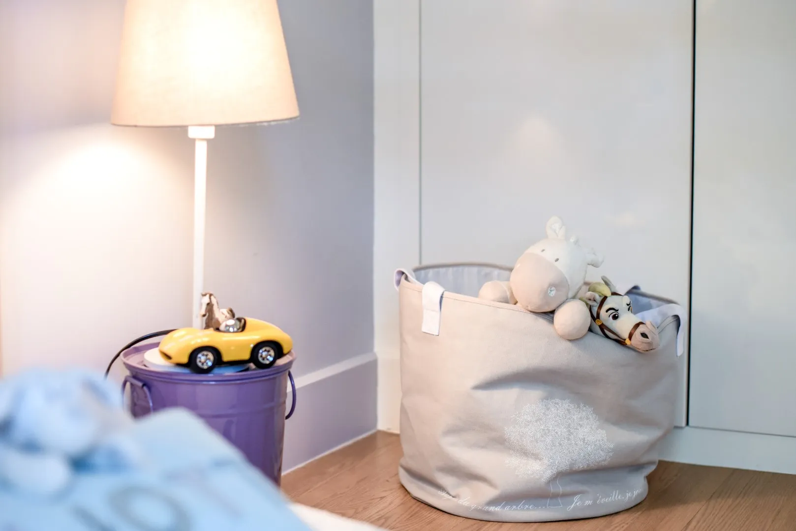 Kid's bedroom in the Montreal cottage — soft palette and custom desk.