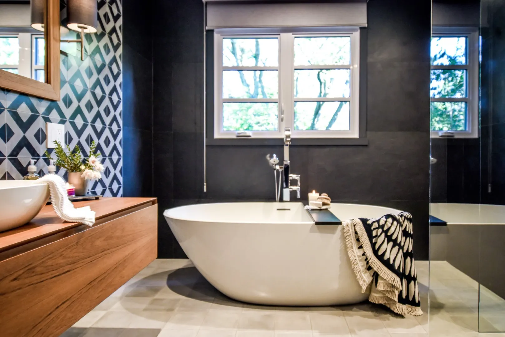 Family bathroom wide view — natural stone floor, Montreal cottage.