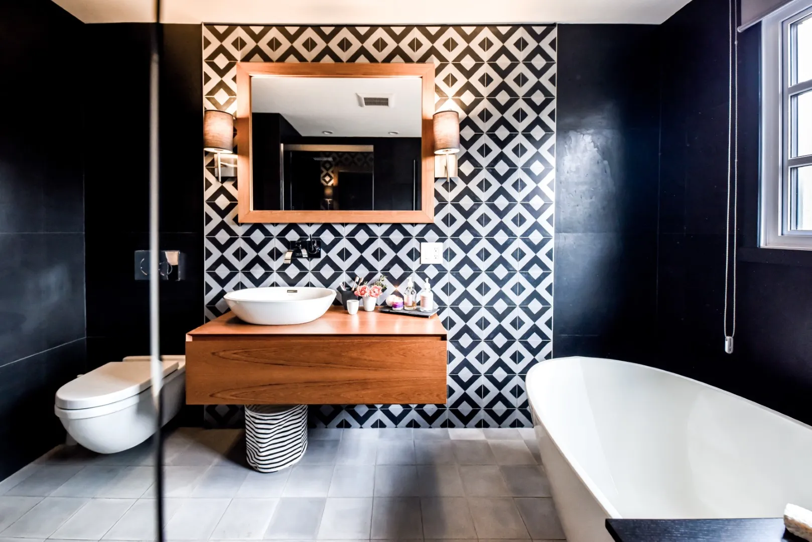 Family bathroom tile feature — Montreal cottage renovation.