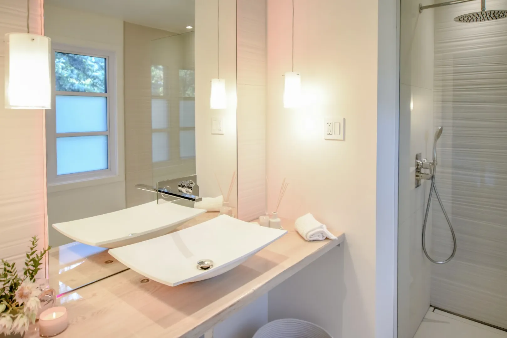 Primary bathroom in the Montreal cottage — freestanding tub and Italian-style shower.
